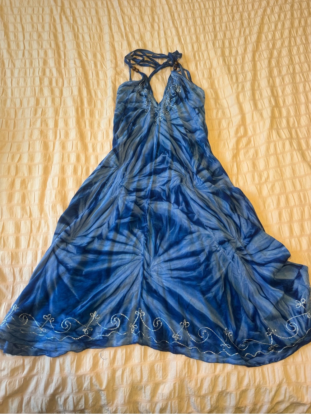 Blue Boho Tie Dye Midi Dress with Embroidered Hem